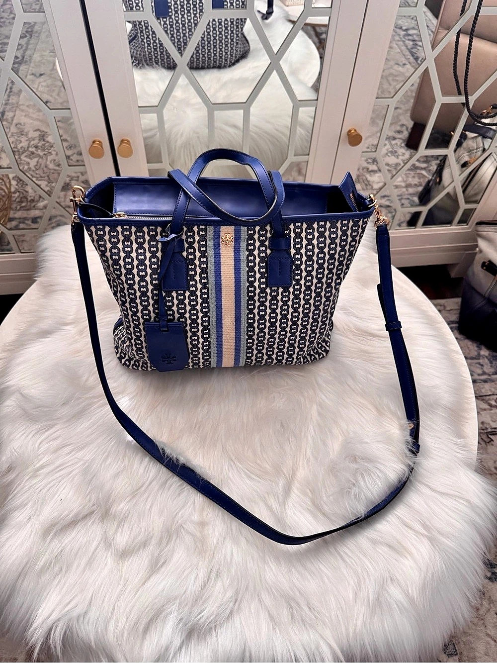 Tory Burch Gemini Link Canvas Small Tote Blue & White Tote